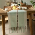 Mint green and beige striped table runner with brown cross-stitch and tassel trim - A Line Of Green Handmade Tassels / Table Runner 33-183