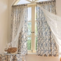 French retro blue floral curtains with white lace overlay for a romantic country look - Blue Roses With Small Floral Lace And Perforations / Yarn Width Fixed At 25/square Meter