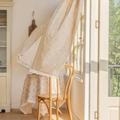 Light yellow translucent curtain with white floral patterns and soft sunlight view - Delicate Floral Patterns + Lace Trim On The Sides / Yarn Width Fixed At 25/square Meter