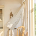 Beige cotton linen semi-sheer curtain with elegant white lace embroidery edges - Polyester Linen With Small Floral Lace Trim On The Rod / Yarn Width Fixed At 25/square Meter