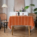 Orange hollow cotton linen tablecloth with white stripes and tassels for dining tables - 60*60cm / Orange