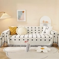Moderne geometrische beige bankovertrek met zwarte vierkanten en grijze franjes - 130-180 / Zwart Klein Vierkant