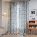Blue and white geometric leaf print blackout curtains in a modern Nordic living room setting - Large Size / Blue Leaf Hook Style