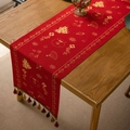 Traditional red Chinese table runner with gold festive patterns and colorful tassels - 35X140cm / Blessing Red With Tassels