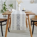 Runner da tavola boho bianco e grigio con motivi geometrici jacquard e lunghe nappe - Grigio Chiaro Geometrico + Nappe Fatte a Mano / 35*120cm