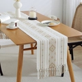 Runner da tavola boho crema con motivi geometrici marroni e bordi con frange - Giallo Terra Geometrico + Nappe Fatte a Mano / 35*120cm