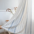 Blue geometric boho pattern curtain with white tassels in premium cotton linen fabric - 150x160 / Blue Geometric (Rod Pocket)