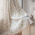 Linen style floral print curtain with green leaves and decorative white tassels - Green Leaf Floral-Cream Tassel Rod Pocket / 150x220cm