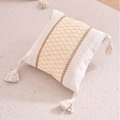 Boho beige square pillow cover with yellow diamond embroidery, lace trim, and tassels - Yellow Grid