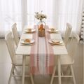 Pink and white woven table runner with jacquard geometric pattern and tassels - 35cmx140cm / Pink