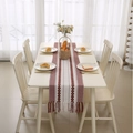 Modern red and white striped table runner with tassels on a minimalist white dining table - 35cmx120cm / Wine Red