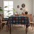 Ethnic geometric jacquard tablecloth in dark blue with heavy fabric texture for home decor - Jacquard Blue Badge No Lace / 90-90