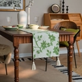 Beige floral table runner with green leaf pattern and hanging tassels for dining decor - 33x350 / Green Rose (Jacquard/White Tassel)