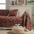 Close-up of red bird and floral jacquard sofa throw with white fringe tassels - Custom Size / Burgundy - Two Orioles Pattern (With White Tassels)