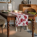Nordic woven table runner with red floral patterns and elegant tassels on a wooden table - 33x350 / Red Rose (Jacquard/White Tassel)