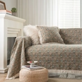 Vintage floral jacquard sofa throw with fringe and matching pillow in a cozy home setting - Jacquard Bouquet White Fringe / Custom Size