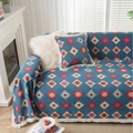 Geometrischer Jacquard Sofaüberzug im Ethno-Stil mit passendem Kissenbezug und Quasten - 140x180cm / Jacquard Blaues Emblem Weiße Quasten