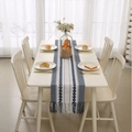 Blue and beige woven table runner with geometric patterns and handcrafted tassels - 35cmx120cm / Navy Blue