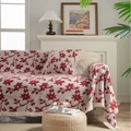 Copridivano beige con motivi floreali rossi rétro, frange e cuscino coordinato - Jacquard Rosa Rossa con Nappina Bianca / 140x180cm