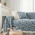 Blue sofa cover and cushion with white leaf pattern and decorative fringe detail - Jacquard Blue Water Grass White Fringe / Custom Size