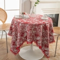 Red Toile de Jouy round tablecloth with fringe tassels and tropical floral pattern - Jacquard Red Coconut Tree with Red Balls / 90-90