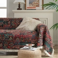 Bohemian style red jacquard sofa throw blanket with colorful geometric patterns and white tassels - Hmong Pattern with White Tassels / Custom Size