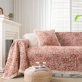 Pink floral jacquard sofa cover with fringe tassels and matching cushion for festival - Jacquard Pink Succulent with White Tassel / Custom Size