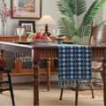 Navy blue and beige diamond pattern table runner with elegant fringe tassels decoration - Jacquard Blue White Plaid with Blue Tassel / Standard Runner