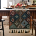Ethnic bohemian table runner with orange geometric diamond patterns and tassel details - Jacquard Green Argyle Pattern Green Tassel / Standard Runner