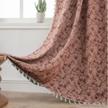 Pink and brown tropical leaf pattern curtain with white decorative tassel fringe trimming - Jacquard Red Water Grass-Rod Pocket / 150*160