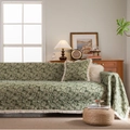 Copridivano jacquard a foglia verde con frange sottili e federa per cuscino coordinata - 180x420cm / Erba Acquatica Verde Jacquard con Frange Bianche