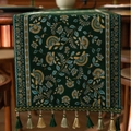 Nordic dark green table runner with vintage floral jacquard and elegant tassel fringe detail - Green Vine Jacquard