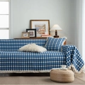 Blue and white checkerboard sofa cover with elegant fringe details and matching cushions - Blue White Checkered / Custom Size