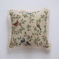 Square jacquard throw pillow featuring retro flower and bird pattern with fringe trim - Jacquard Beige Birds with White Fringe