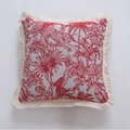 Square throw pillow with red leopard jungle jacquard and cream fringe edges - Jacquard Red Coconut Tree White Tassels