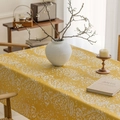 Yellow linen tablecloth with white mandala pattern and elegant tassels in rustic style - Yellow Water Droplet With Four White Tassels / 60-60