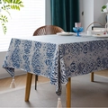 Nordic style blue-gray patterned tablecloth with cream tassels on a wooden dining table - Dark Blue Teardrop Pattern With Four White Tassels / 60-60