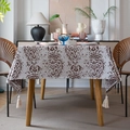 Vintage damask pattern tablecloth in beige cotton linen with elegant corner tassels - 135x135cm / Brown