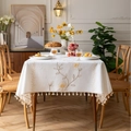 Tovaglia rettangolare in cotone e lino crema con ricami floreali e bordi con nappe - Foglia Marrone Fiore Giallo Ricamata Beige