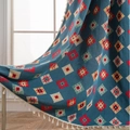 Blue bohemian geometric knit curtain with colorful diamond pattern and white fringe - 150*160 / Jacquard Blue Badge-Rod Pocket