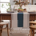 Navy blue and beige woven table runner with handmade tassels for dining room decor - 33x120
