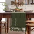 Retro dark green crocheted table runner with vertical hollow patterns and fringe tassels - 33X140cm / Handmade Tassel Style / Green