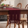 Knitted dark red table runner with hollow grid patterns and elegant fringe tassels - 33cm x 140cm / Braided Handmade Tassel / Burgundy