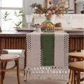 Nordic woven table runner in beige and dark green with handmade tassels and crochet - 33x140 / Green White Handmade Tassel