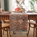 Rust red and blue jacquard table runner with abstract pattern and fringed tassels - Blue Ginkgo Leaf Style (Jacquard Blue Thread Ginkgo Leaf New Blue Tassel) / Extra Small Size (33-120)