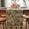 Jacquard table runner with floral pattern, dark green and beige tones with tassels - Green Meadow Style (Jacquard Green Grassland New Green Tassel) / Extra Small Size (33-120)