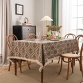 Jacquard-Tischdecke in Beige mit rot-grünen Blumen und eleganten Fransen am Rand - Jacquard Blumenstrauß Weiße Fransen / 60-60