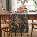 European vintage floral jacquard table runner with blue-green patterns and fringe trim - Jacquard Green Base Peony With Fresh Green Tassels / Standard Runner