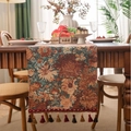Vintage floral jacquard table runner in brown and earth tones with colorful tassels - Jacquard Orange Oil Painting With New Red Tassels / Standard Runner