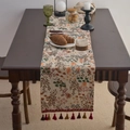 Floral jacquard table runner with colorful tassels and green botanical garden patterns - Jacquard Maple Forest with Red Tassel / Standard Runner